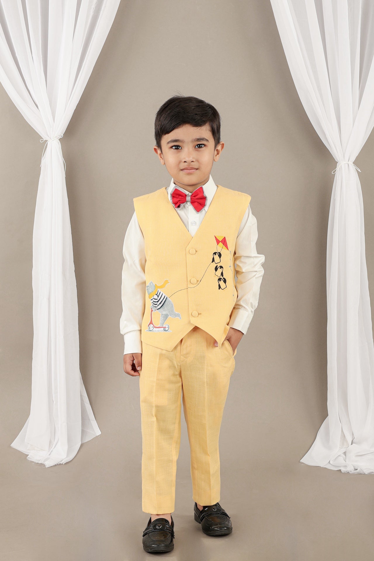 Yellow Bear And Penguin Waist Coat/Shirt/Pant/Bow Tie Set