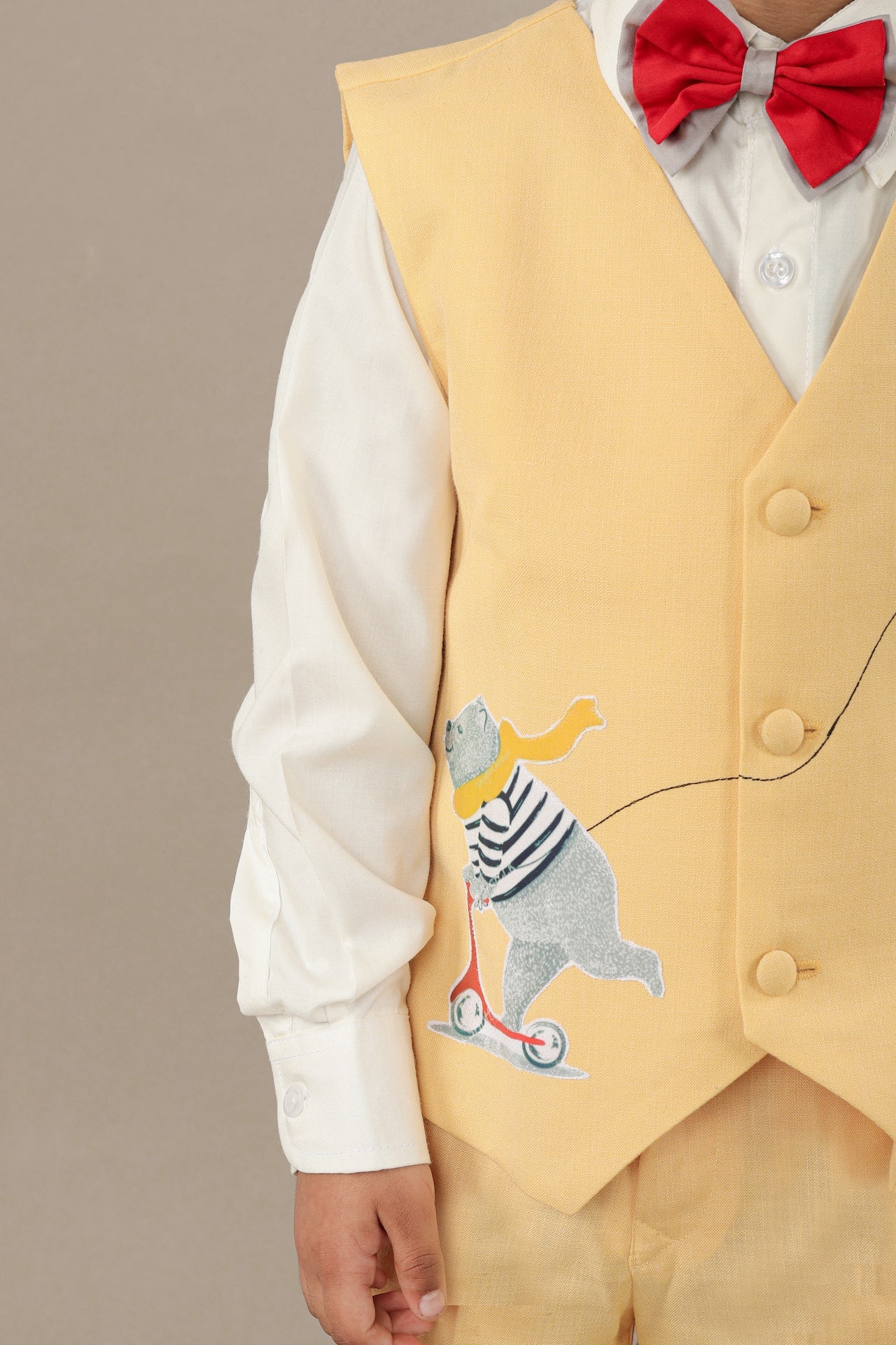 Yellow Bear And Penguin Waist Coat/Shirt/Pant/Bow Tie Set