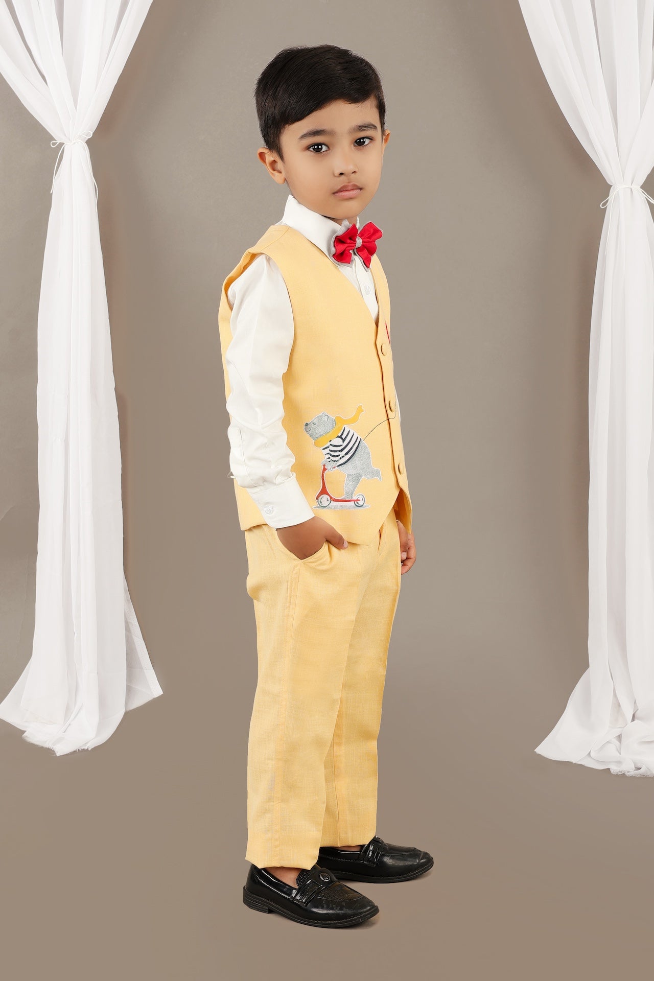 Yellow Bear And Penguin Waist Coat/Shirt/Pant/Bow Tie Set