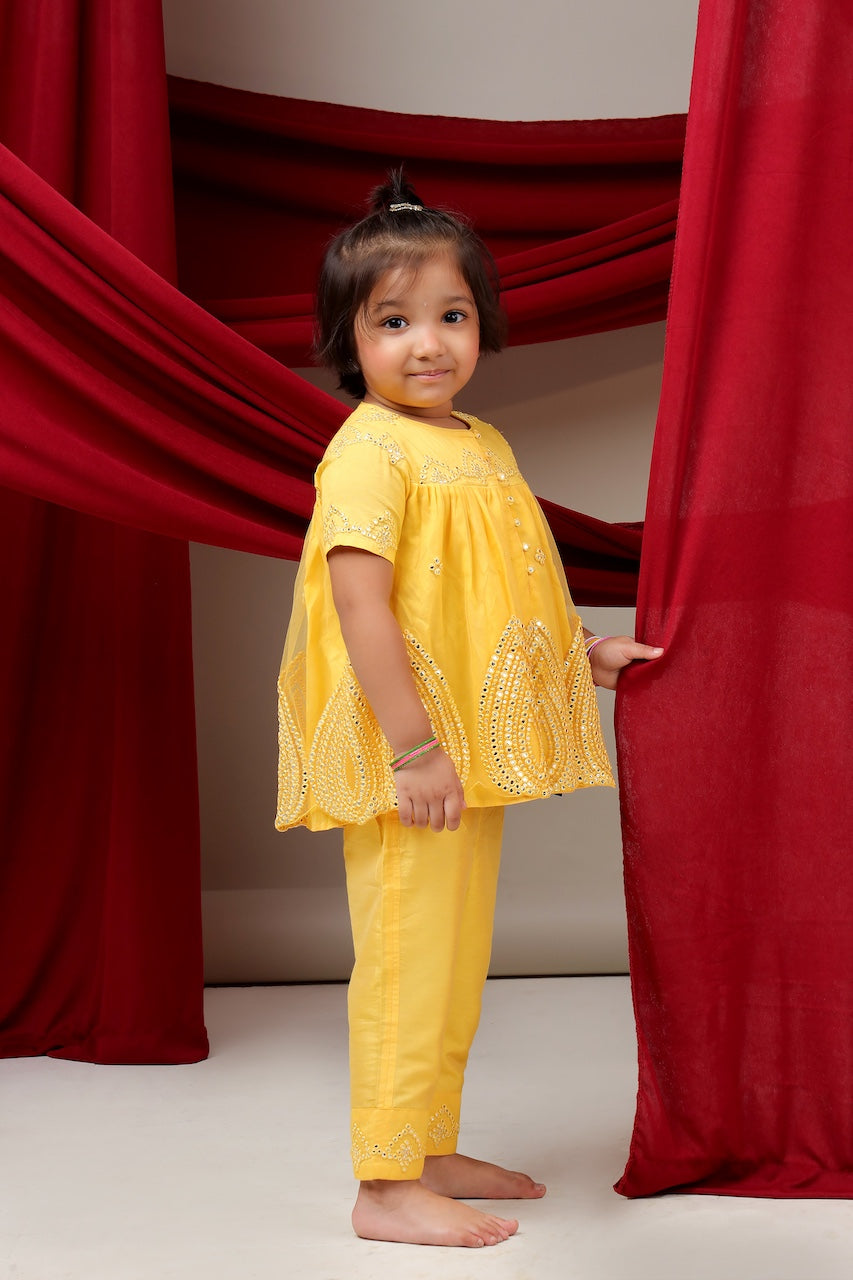 Yellow Mirror Embroidered Top With Pant Set