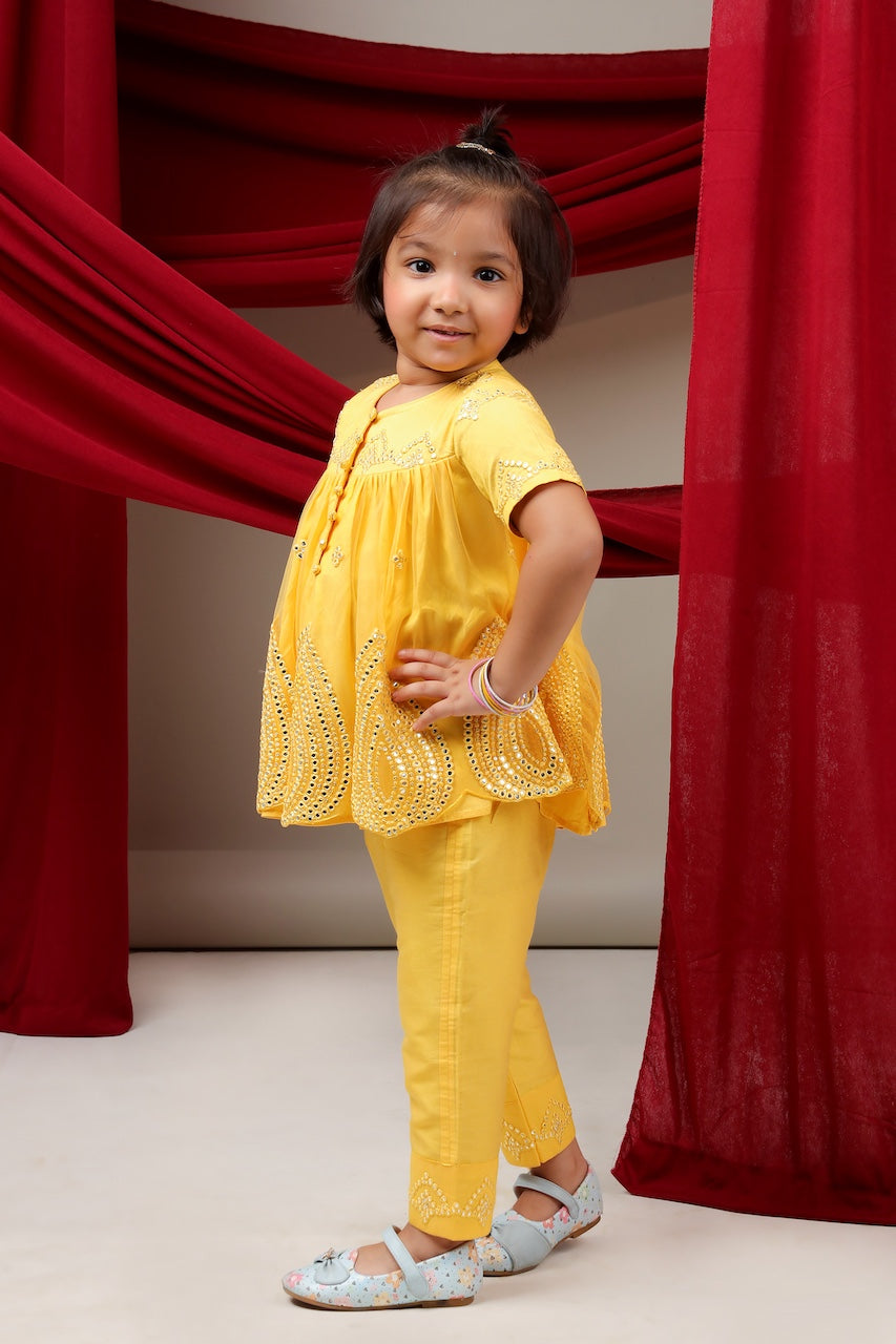 Yellow Mirror Embroidered Top With Pant Set