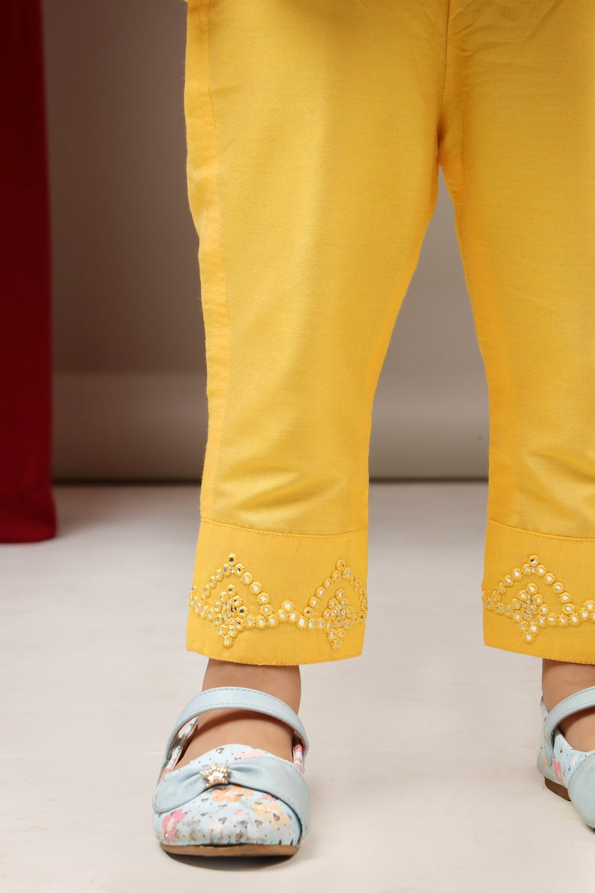 Yellow Mirror Embroidered Top With Pant Set