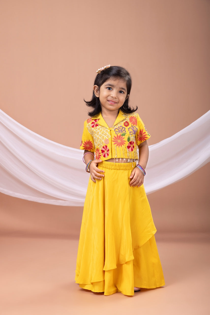 Yellow Mix Heavy Embroidered Blouse With Asymmetrical Ghagara Set