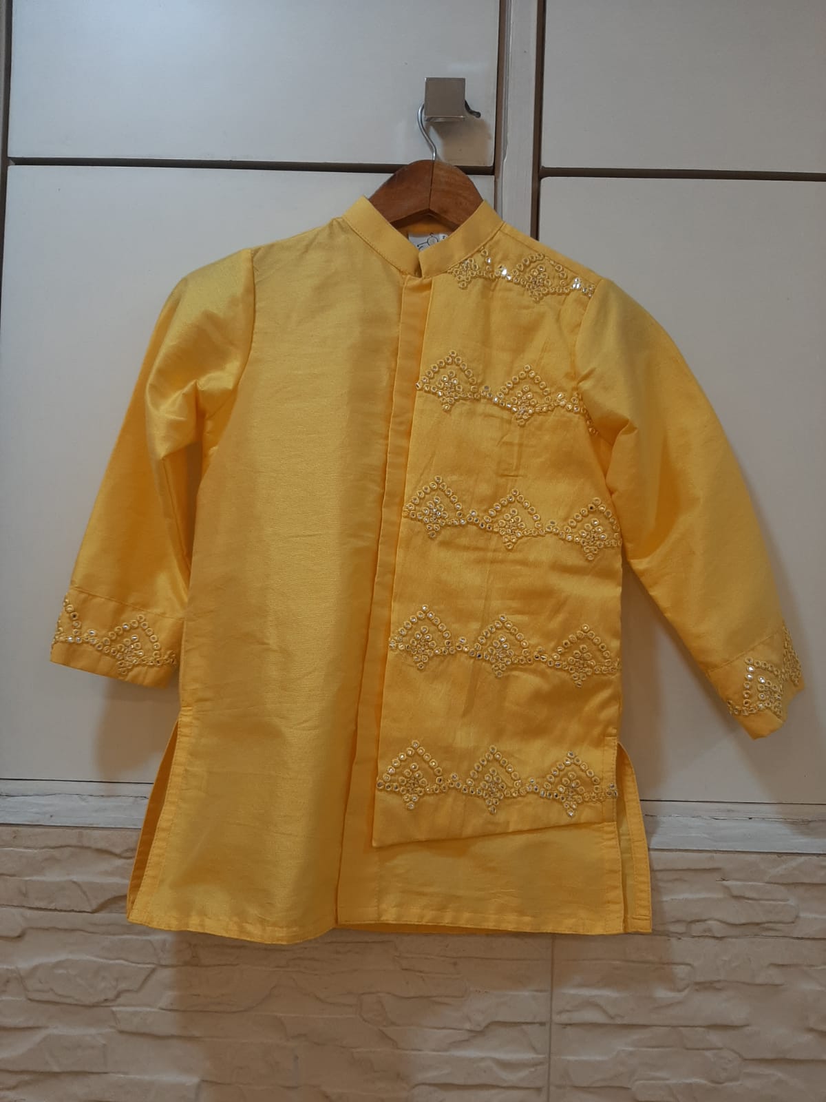 Yellow Kurta With Mirror Embroidery Flap Attached With Pajama Set