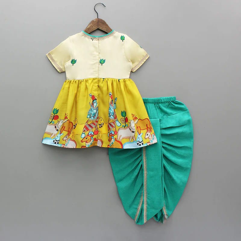 Yellow Printed Radha Top With Dhoti Set