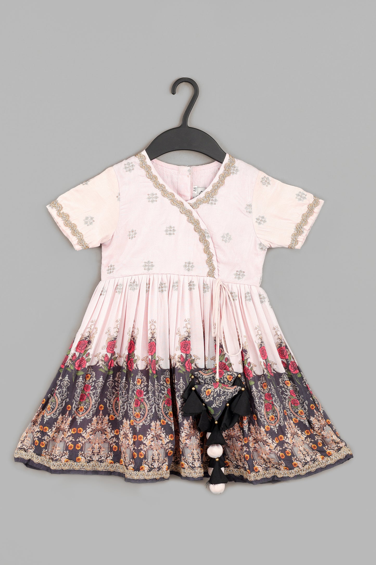 Powder Pink Zari Embroidery With Flower Printed Dress