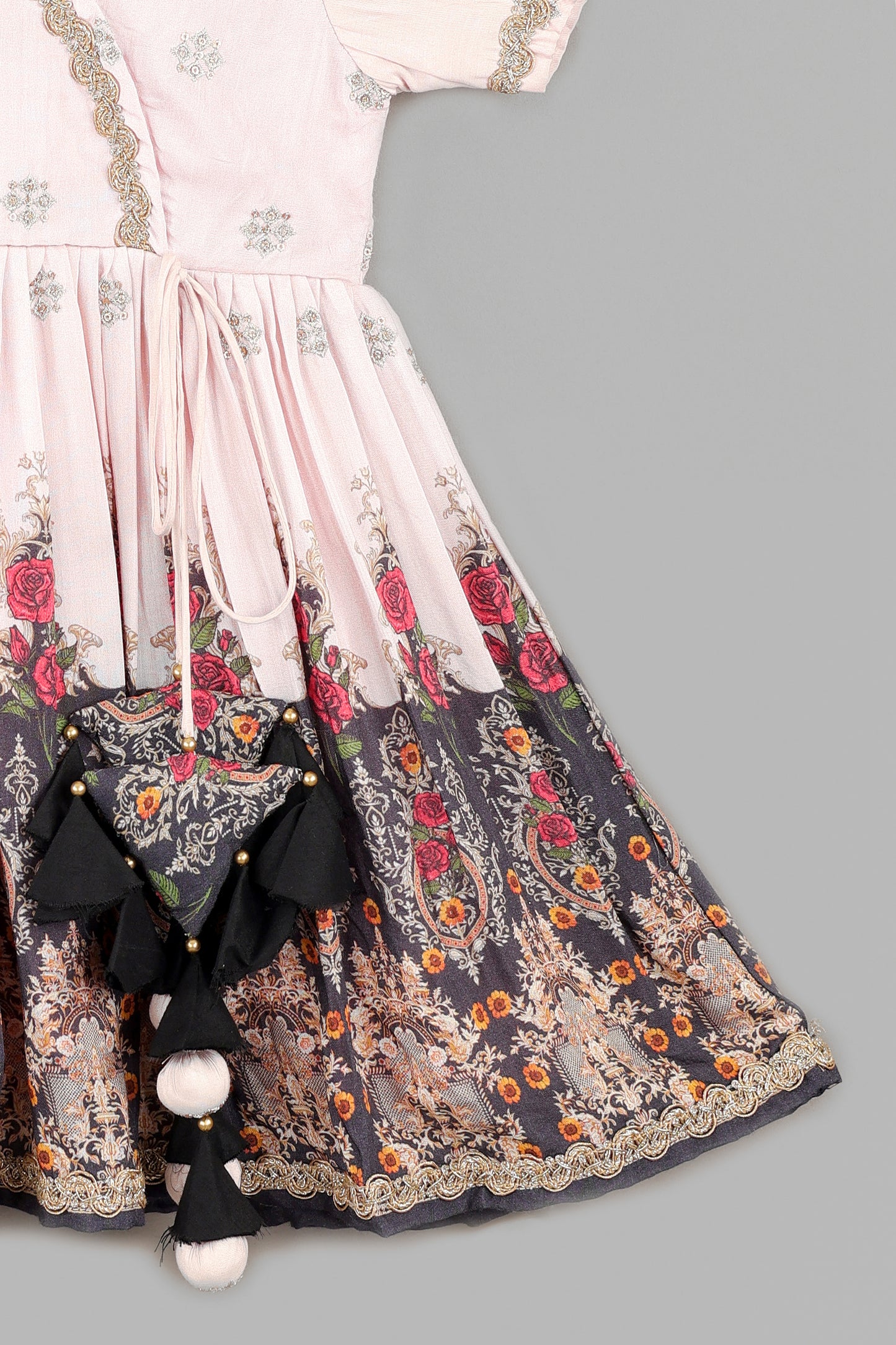 Powder Pink Zari Embroidery With Flower Printed Dress