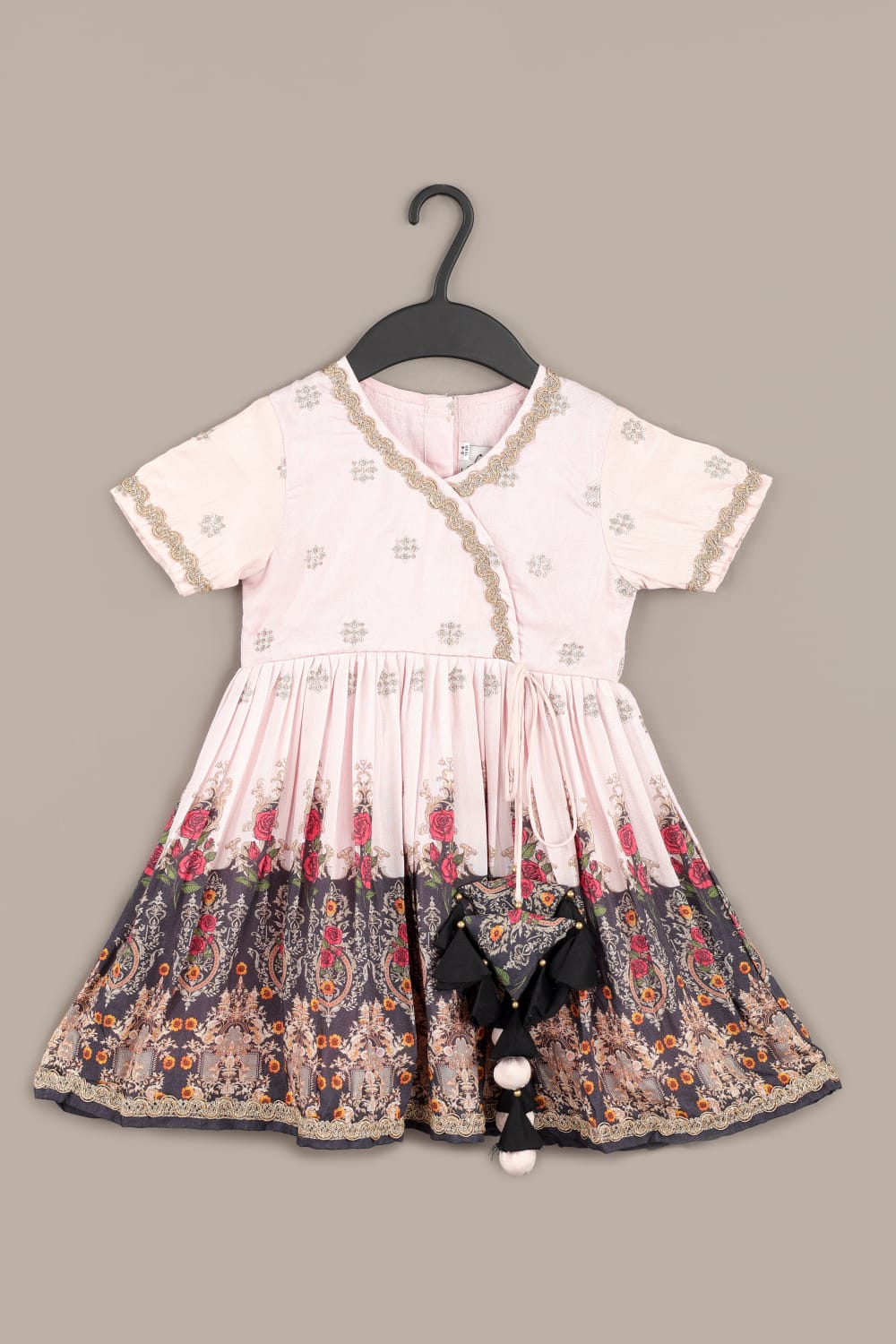 Powder Pink Zari Embroidery With Flower Printed Dress