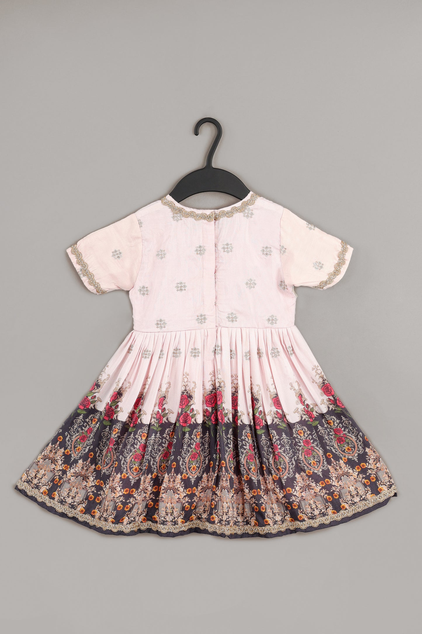 Powder Pink Zari Embroidery With Flower Printed Dress
