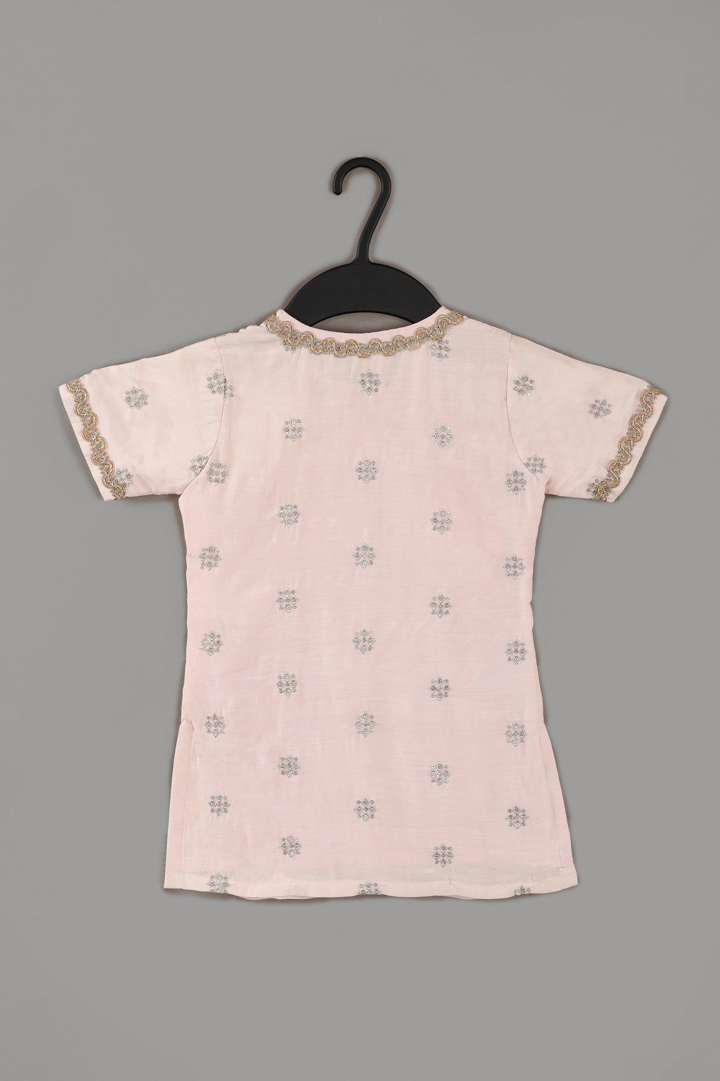 Powder Pink Zari Embroidery Kurti Top With Flower Printed Zari Embroidered Sharara Set