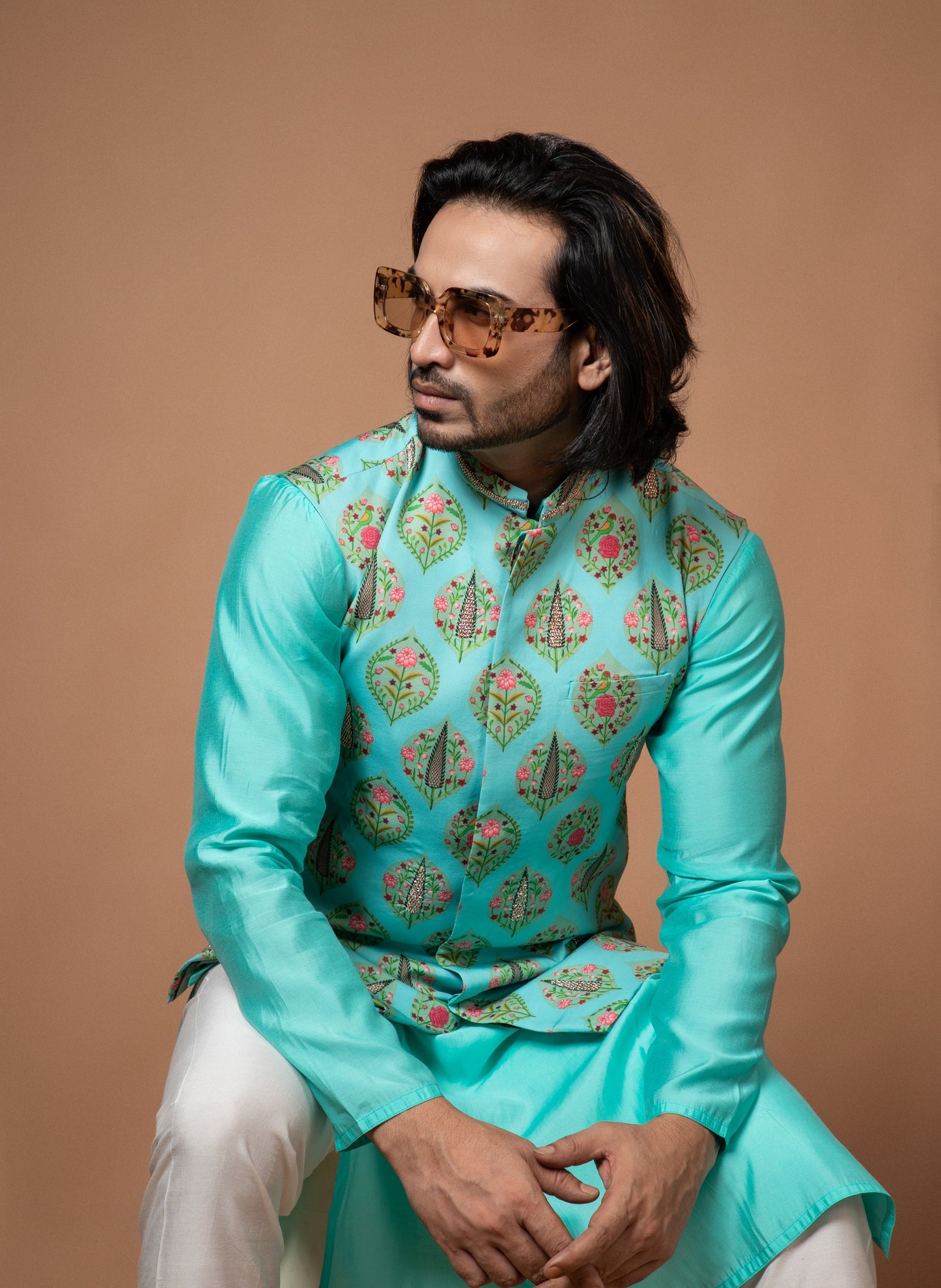 Aqua Blue Traditional Printed With Zardosi Hand Work Bundi