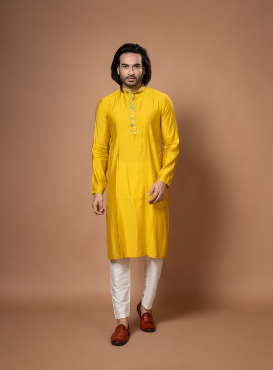 Mustard Yellow Kurta With Applique Work Pajamna Set