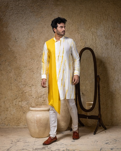 Yellow Tie And Dye Stylish Mirror Work Kurta With Pajama Set