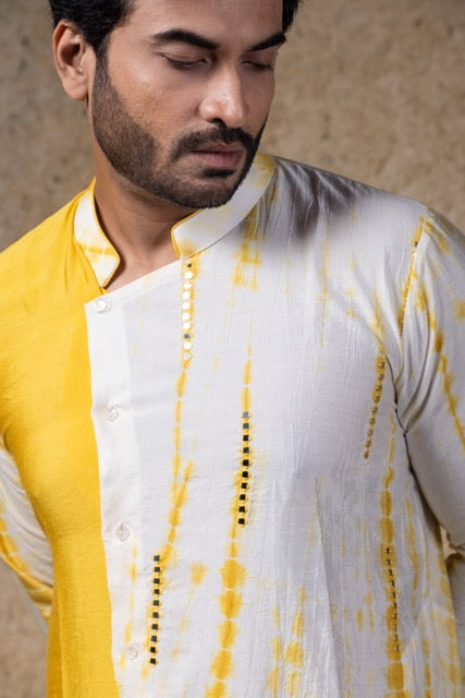 Yellow Tie And Dye Stylish Mirror Work Kurta With Pajama Set