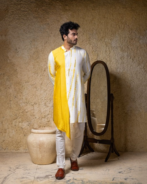 Yellow Tie And Dye Stylish Mirror Work Kurta With Pajama Set