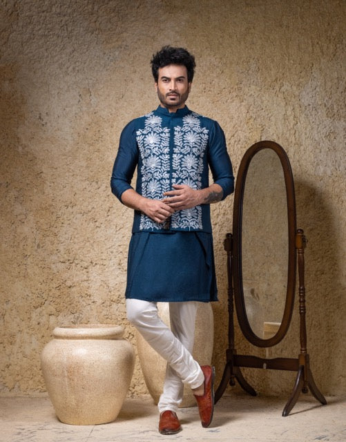 Navy Blue Asymmetrical Kurta With Zari Heavy Embroidery Bundi Jacket With Pajama Set