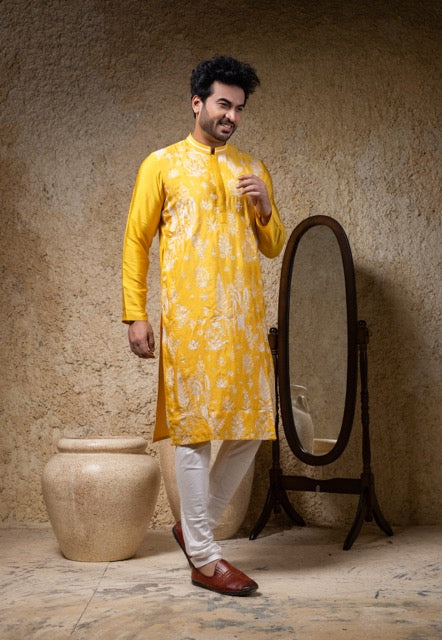 Yellow Heavy Cord Embroidery Kurta With Pajama Set