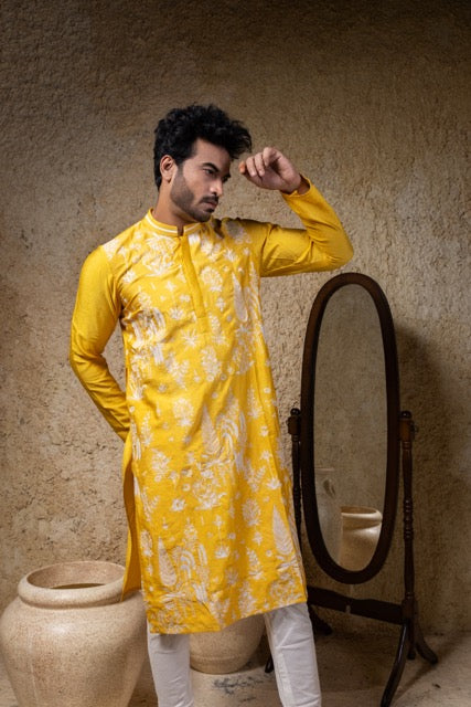 Yellow Heavy Cord Embroidery Kurta With Pajama Set