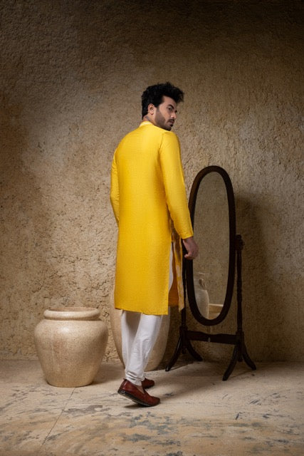 Yellow Heavy Cord Embroidery Kurta With Pajama Set