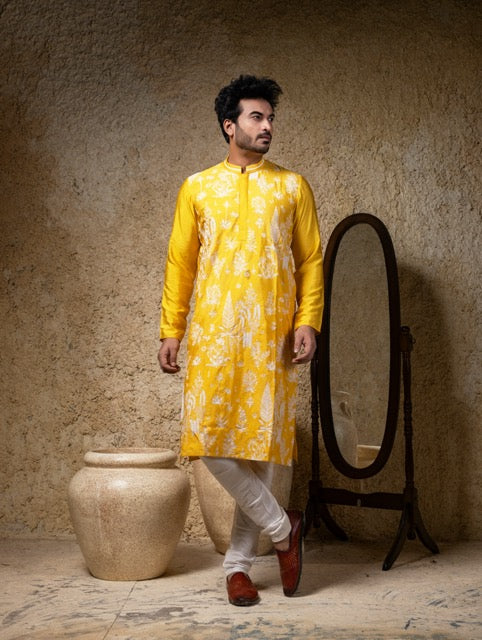 Yellow Heavy Cord Embroidery Kurta With Pajama Set