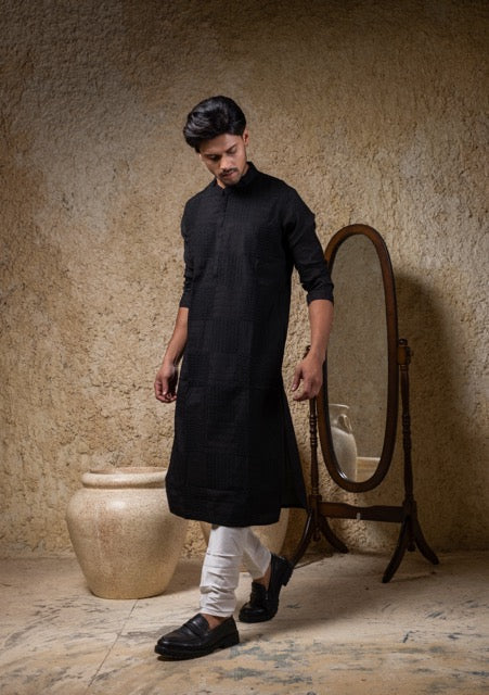 Black Heavy Box Cord Embroidery Kurta Pajama Set