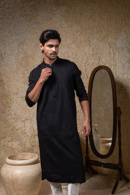 Black Heavy Box Cord Embroidery Kurta Pajama Set