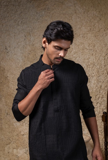 Black Heavy Box Cord Embroidery Kurta Pajama Set