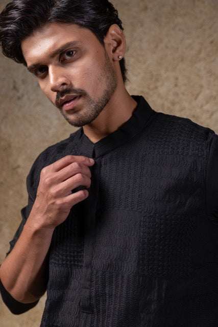 Black Heavy Box Cord Embroidery Kurta Pajama Set