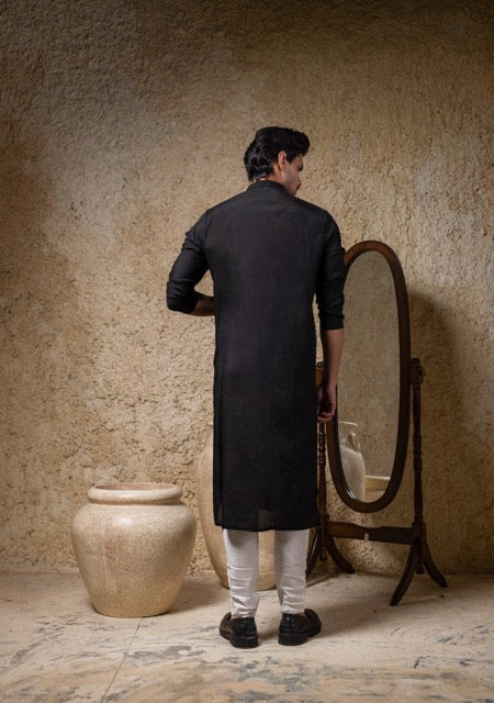 Black Heavy Box Cord Embroidery Kurta Pajama Set
