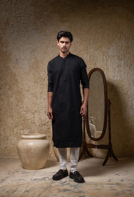 Black Heavy Box Cord Embroidery Kurta Pajama Set