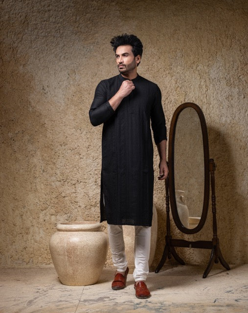 Black Shadow Embroidery Kurta Pajama Set