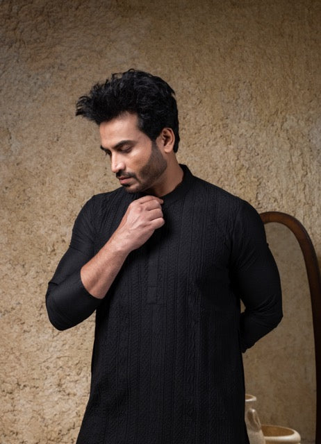 Black Shadow Embroidery Kurta Pajama Set