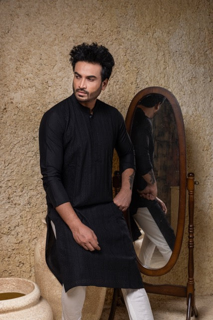 Black Shadow Embroidery Kurta Pajama Set