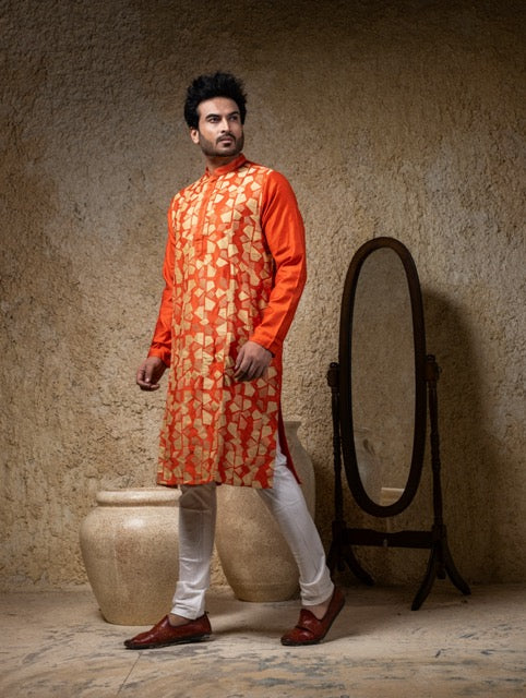 Rust Applique And Cord Embroidery Kurta Pajama Set