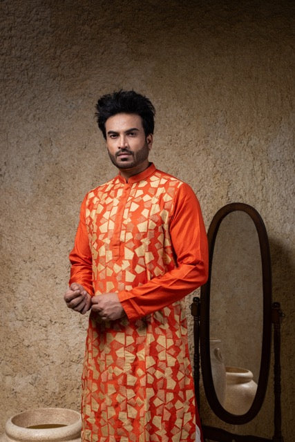 Rust Applique And Cord Embroidery Kurta Pajama Set