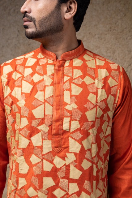 Rust Applique And Cord Embroidery Kurta Pajama Set