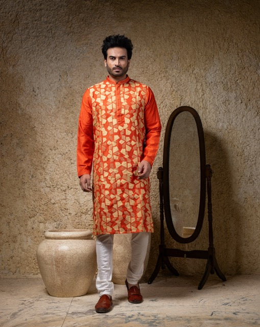 Rust Applique And Cord Embroidery Kurta Pajama Set