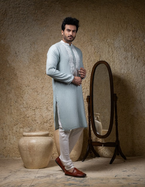 Sea Blue Applique Embroidery Kurta Pajama Set
