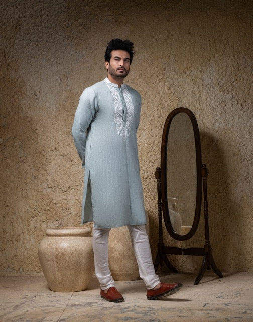 Sea Blue Applique Embroidery Kurta Pajama Set