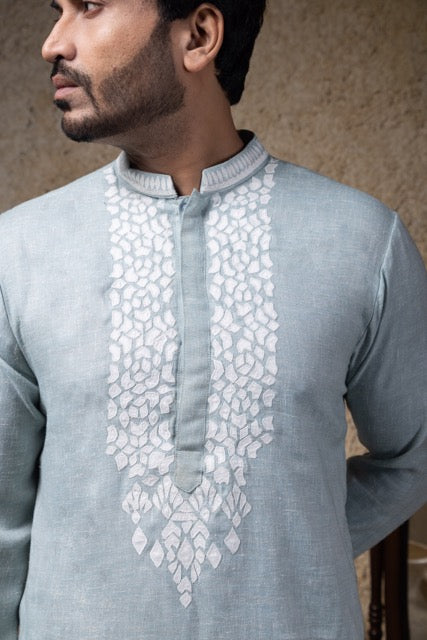 Sea Blue Applique Embroidery Kurta Pajama Set