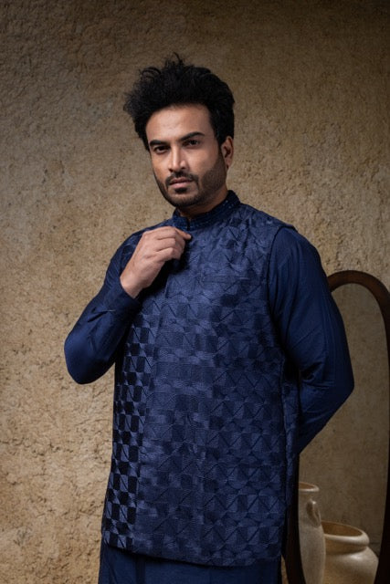 Navy Blue Heavy Embroidered Bundi Jacket