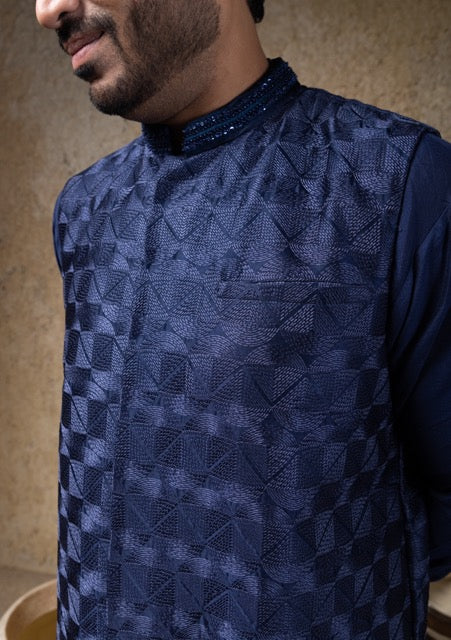 Navy Blue Heavy Embroidered Bundi Jacket