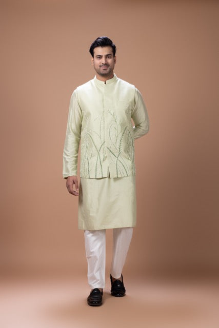 Mint Green Kurta With Leafs Hand Foam Painted Bundi Jacket With Pajama Set