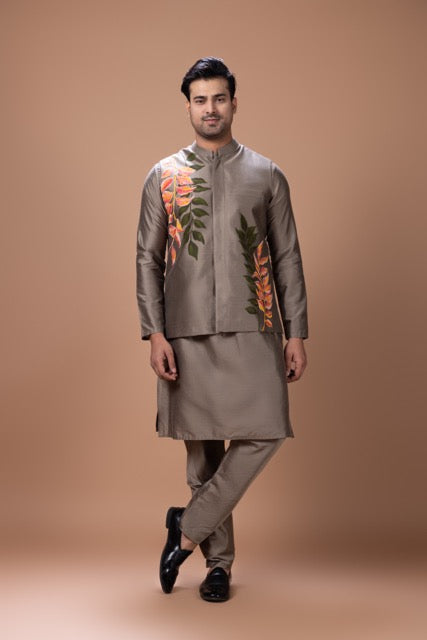 Metalic Fawn Pleated Stylish Kurta With Colourful Leafs Hand Foam Painted Bundi Jacket With Pajama Set