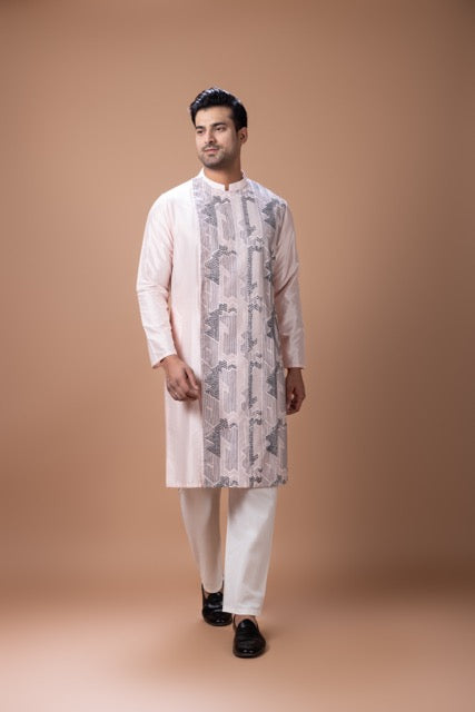 Powder Pink Side Front Open Heavy Thread And Hand Embroidery On Kurta With Pajama Set