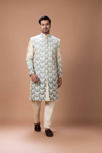 Beidge Heavy Wings Thread And Hand Embroidery Sherwani With Pajama Set