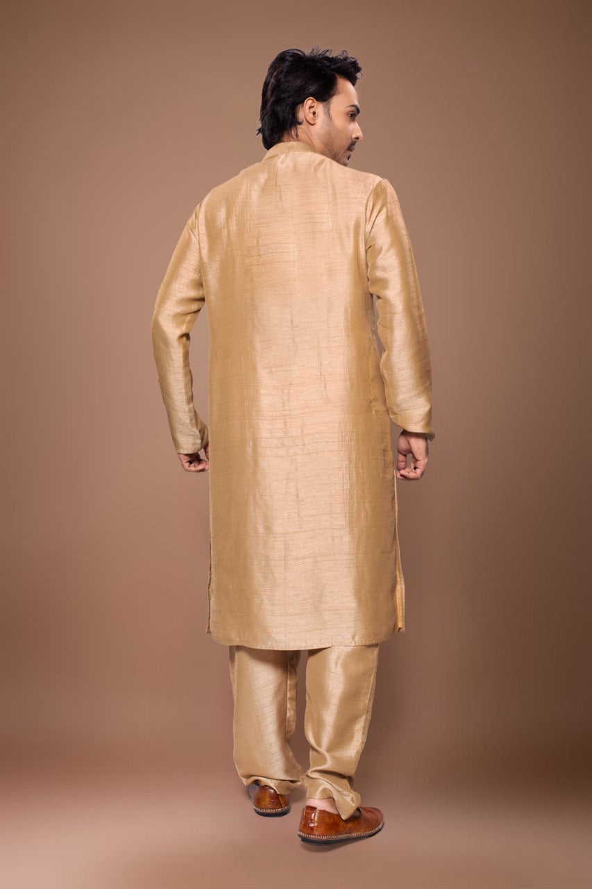 Heavy Cord Embroidery On The Yoke Of Kurta With Pajama Set - Light Brown