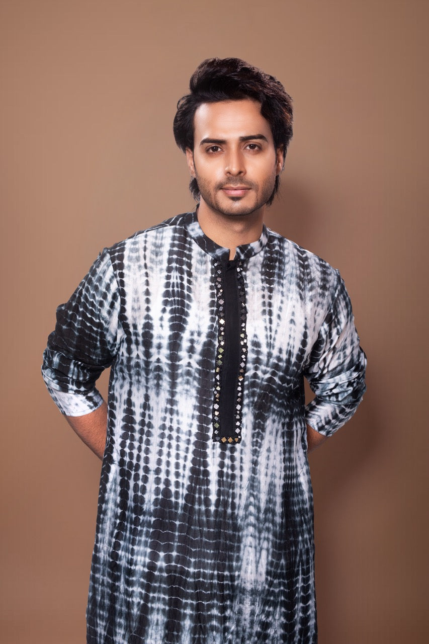 Tie And Dye Mirror Hand Embroidery Kurta With Pajama Set - Black & White/Black