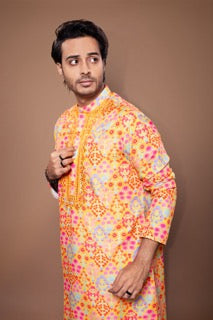 Floral Printed Mirror Embroidered Kurta With Pajama Set - Mustard/Off White