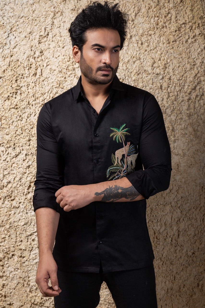 Black Cheetah Hand Embroidered Full Mens Shirt